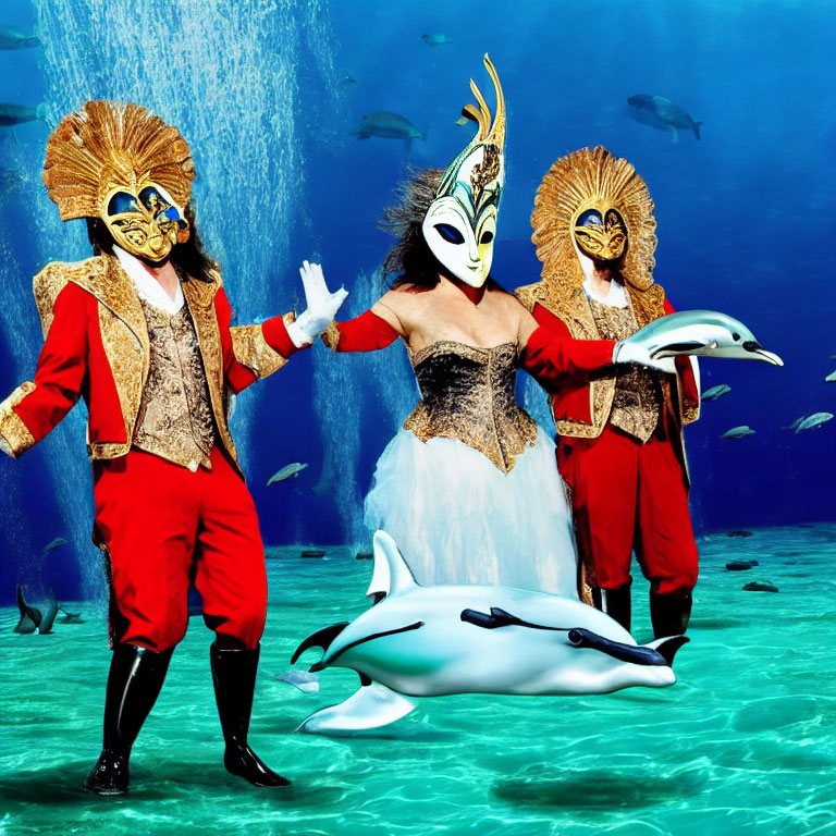 Three people in red and gold masquerade costumes posing underwater with a dolphin
