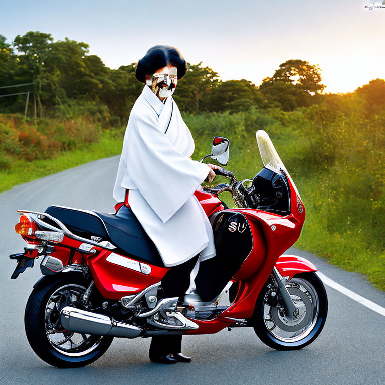 Person in lab coat and mask on red motorcycle on scenic road at sunset