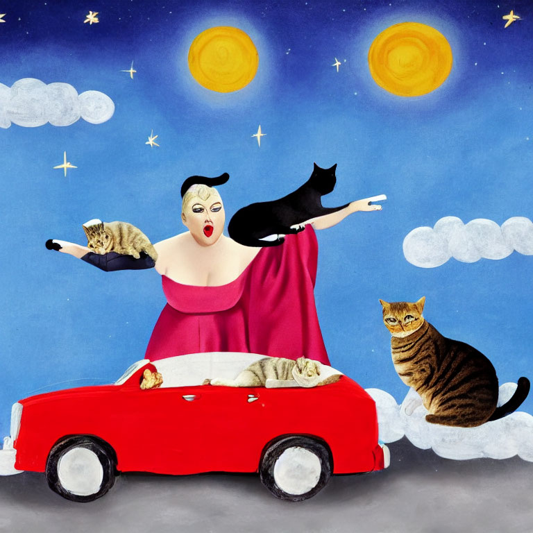 Illustration of woman in red car with four cats under starry sky and two moons
