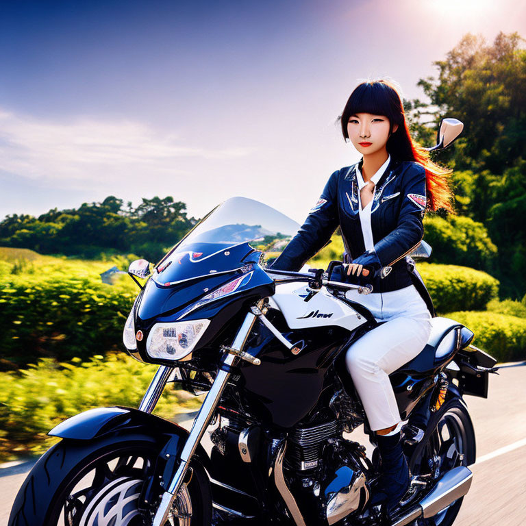Long-haired person in black jacket on sporty motorcycle against sunlit road backdrop