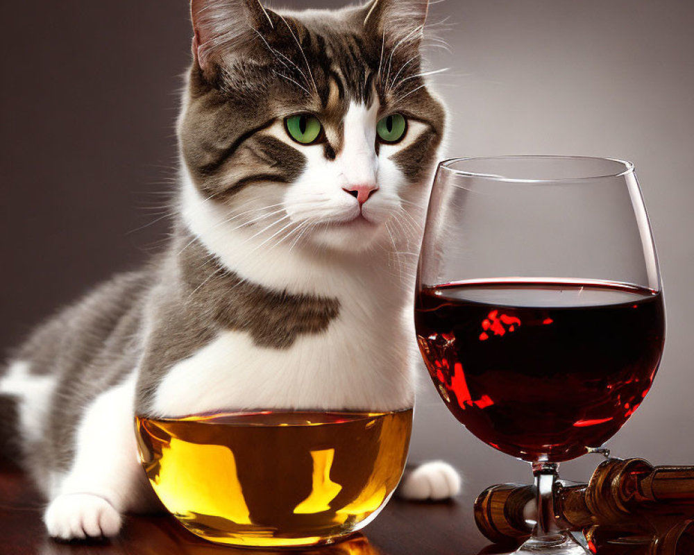 Green-eyed domestic cat beside red wine glass and overturned bottle
