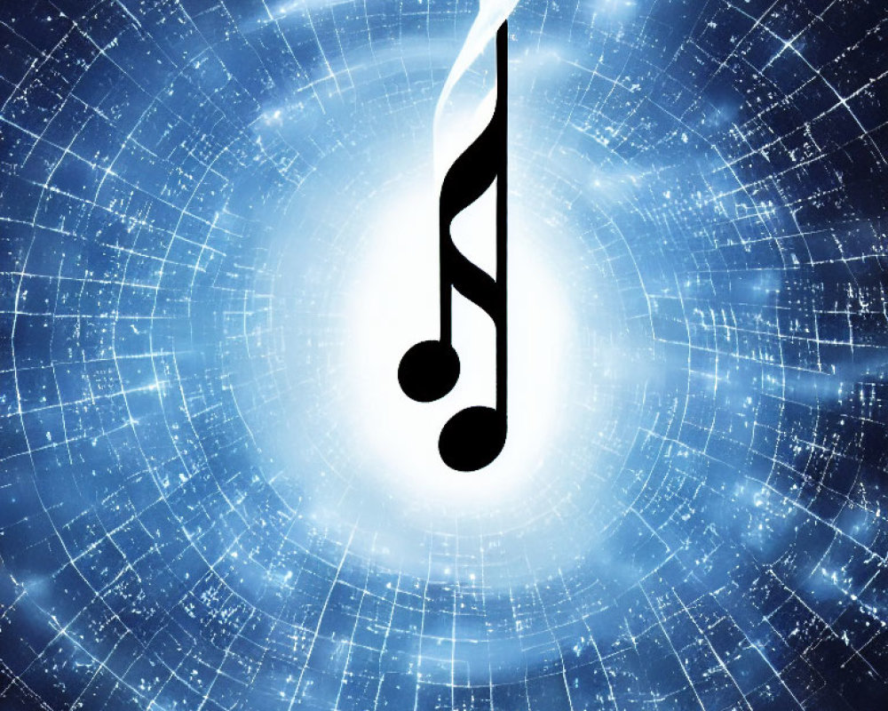 Black musical note on blue swirling digital background symbolizing technology and music.