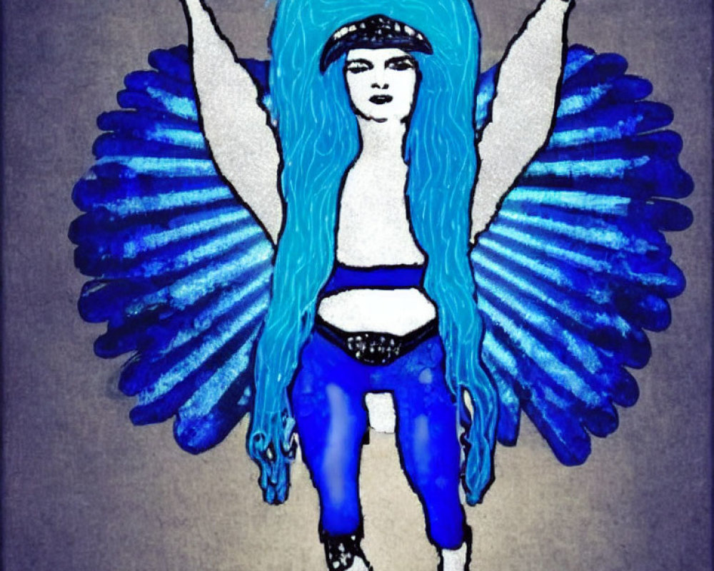 Person with Blue Hair and Wings in Blue Outfit on Gray Background