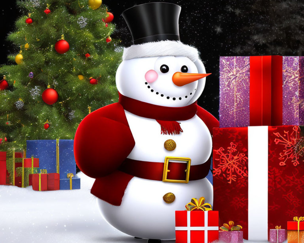 Cheerful snowman with top hat and red scarf by Christmas tree and gifts under snowy night sky