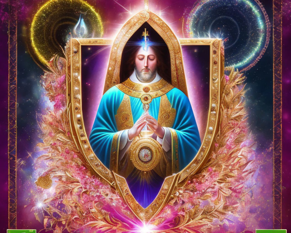 Stylized digital artwork of Jesus in ornate golden shield with celestial and cosmic motifs