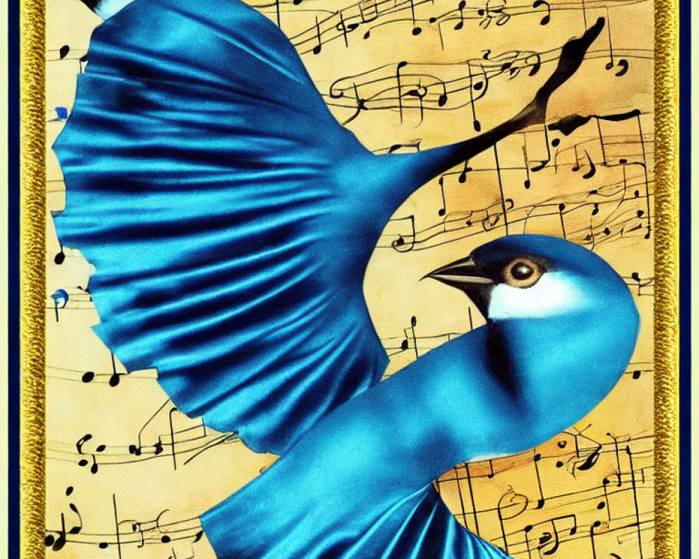 Blue bird in flight against sheet music backdrop and ornate golden border