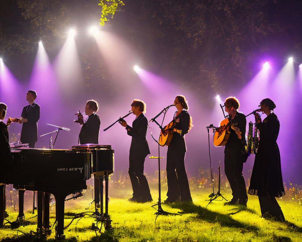 Nighttime outdoor musical performance under purple stage lights with piano, violins, and guitars.