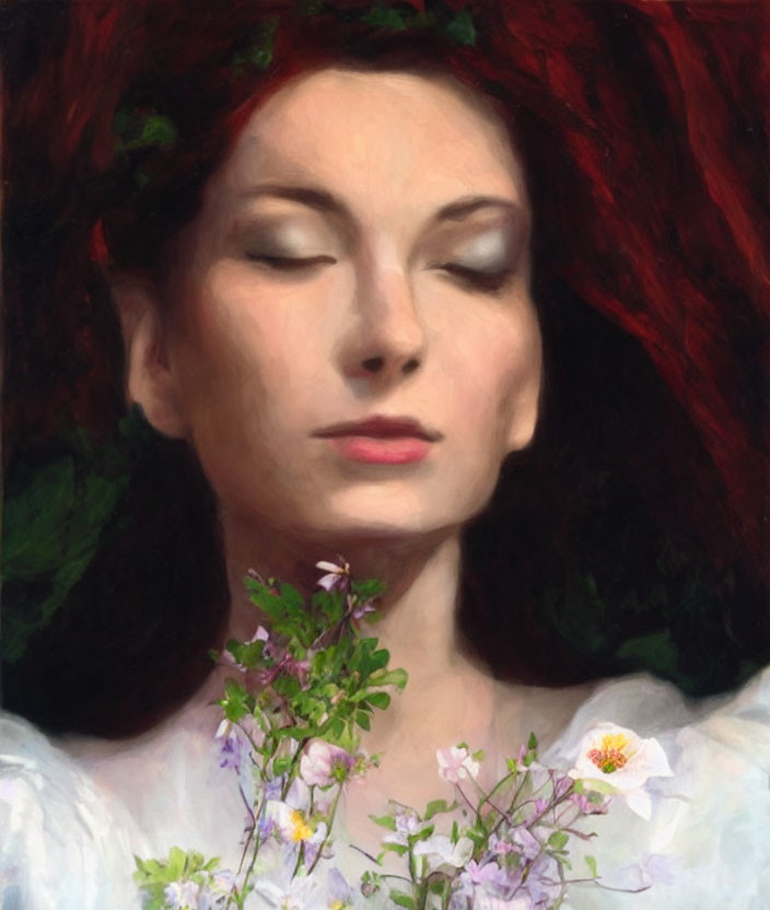 Red-haired woman with greenery in hair, eyes closed, among blurred flowers.