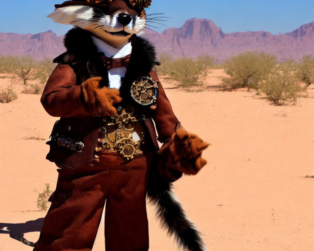 Elaborate anthropomorphic fox costume with steampunk accessories in desert