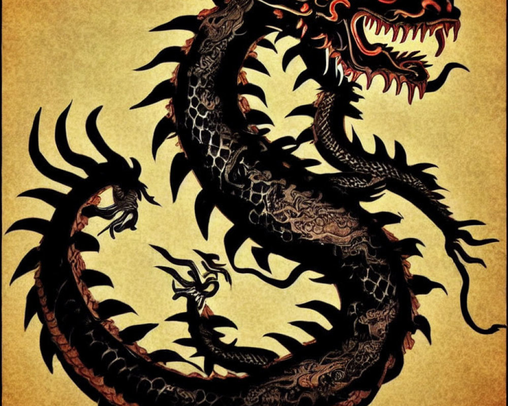 Red and Black Dragon Art on Golden Background