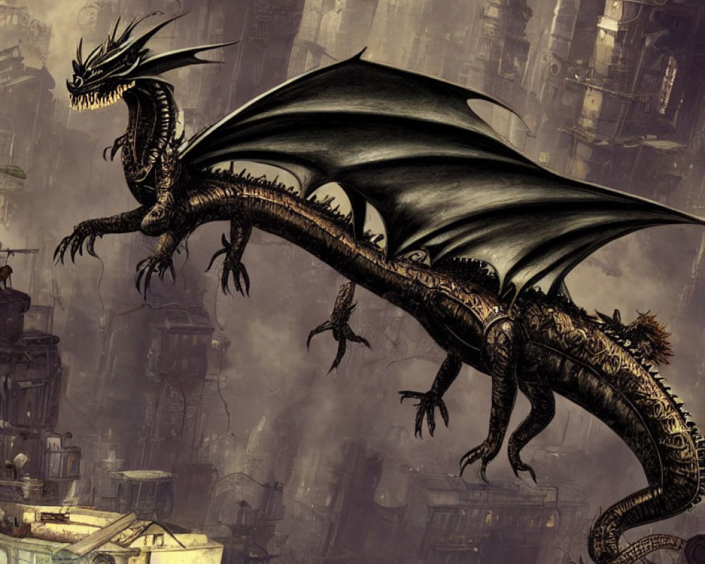 Black dragon flying over dark industrial cityscape with tall buildings