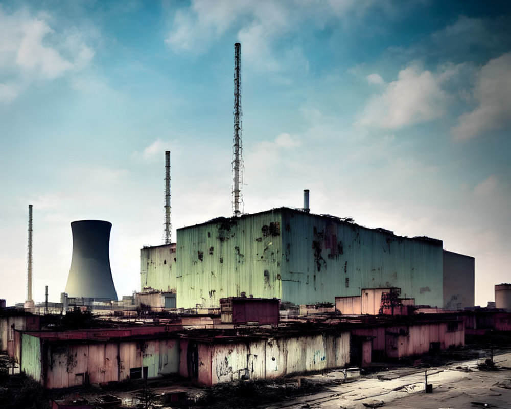 Abandoned industrial plant with cooling tower and chimneys under dramatic sky
