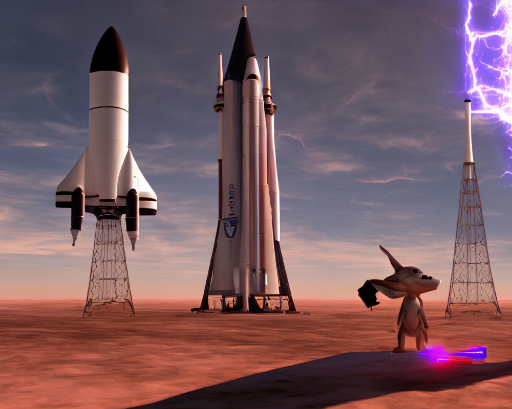 Futuristic rockets on alien landscape with humanoid alien and storm