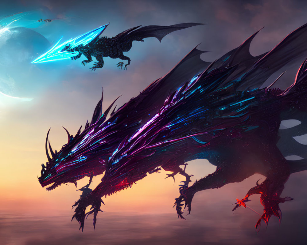 Cybernetic dragon with futuristic rider in sunset scene