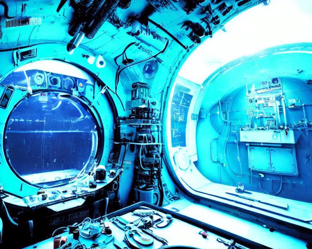 Blue-toned interior of spacecraft with equipment and circular hatchways