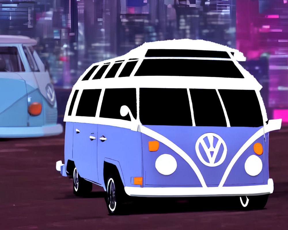 Vintage Volkswagen Vans Against Neon Cityscape: Retro-Futuristic Scene