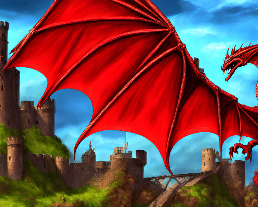 Red Dragon with Wings in Front of Stone Castle on Green Hill