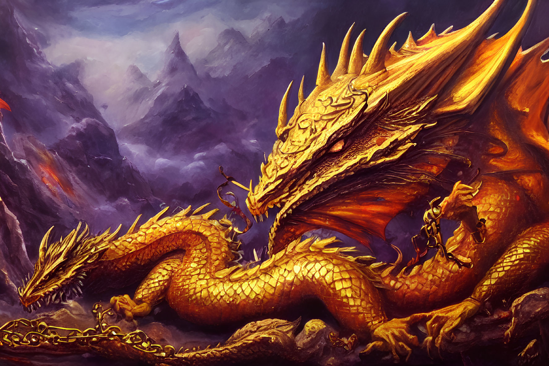 Golden multi-headed dragon with glowing eyes on rocky terrain