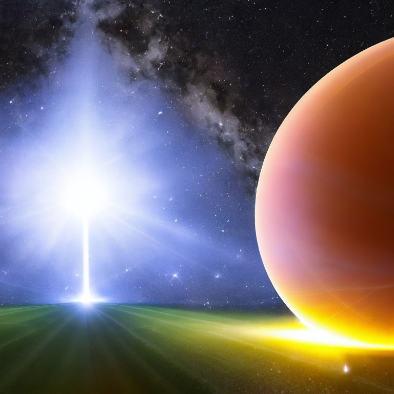 Bright starburst, orange planet, starry sky in cosmic digital space illustration