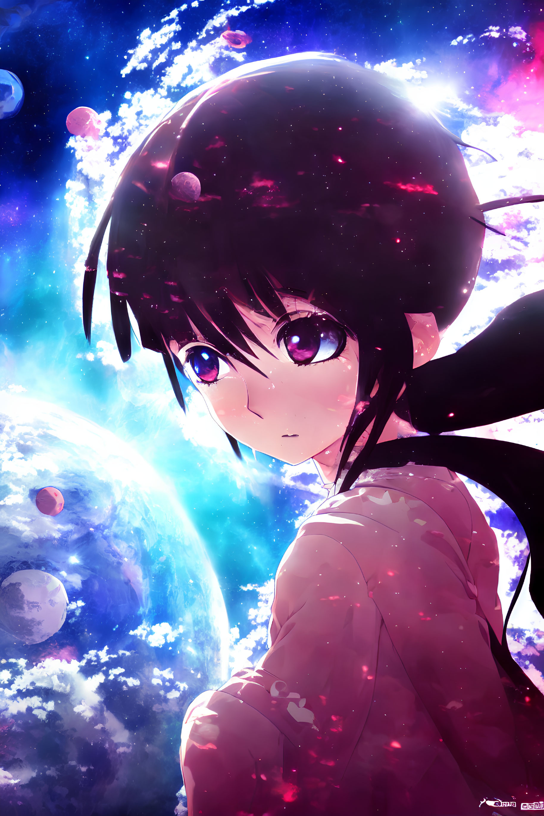 Anime-style girl with large eyes and long black hair against cosmic backdrop