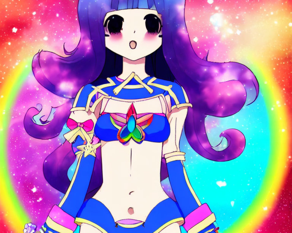 Illustrated character with long purple hair and butterfly outfit in cosmic setting