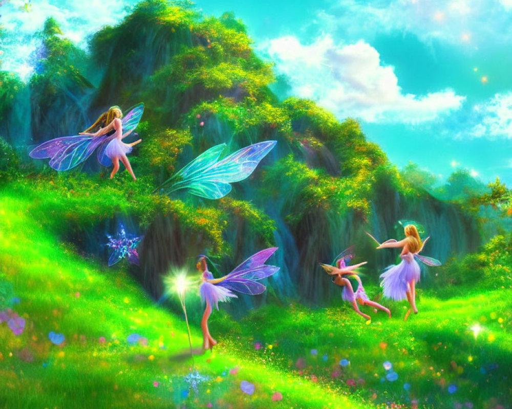Fantasy landscape with glowing waterfalls and fairies in pastel dresses