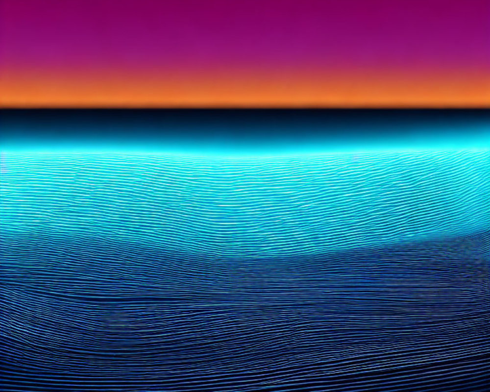 Colorful Horizon Artwork with Purple and Orange Gradient above Blue Wavy Lines