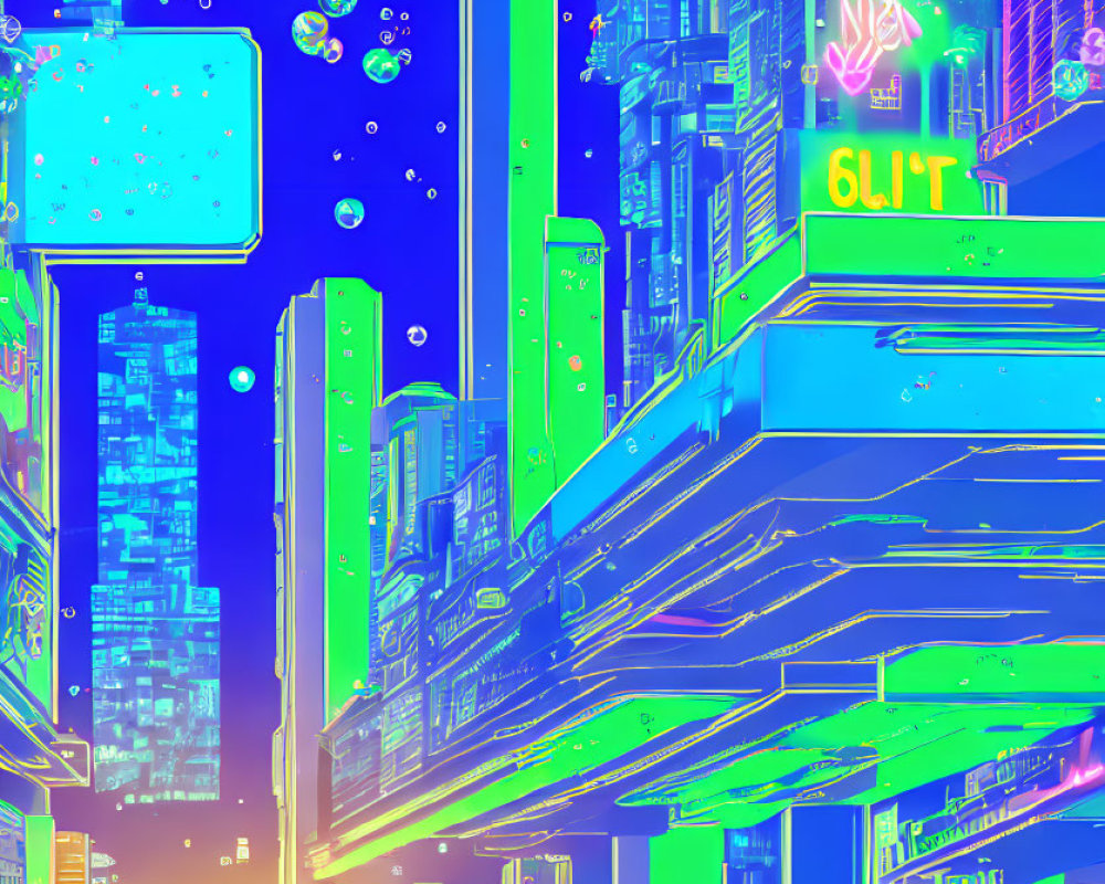 Vibrant neon-lit cyberpunk cityscape with skyscrapers and cat on bench
