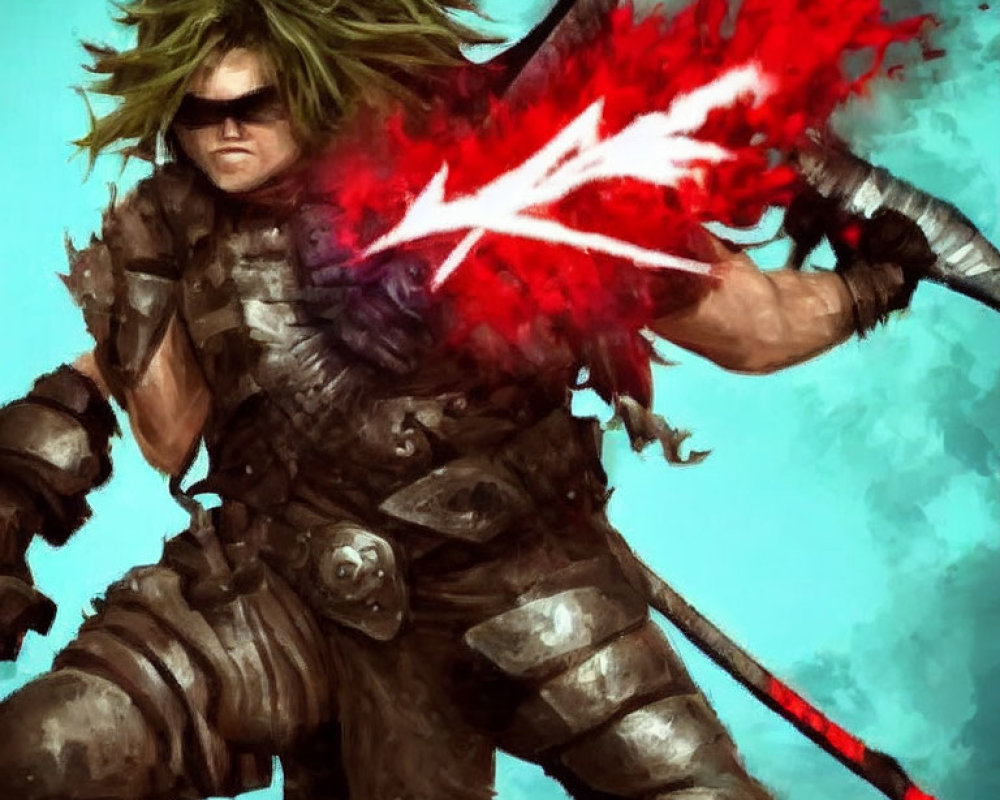 Warrior with Green Spiked Hair and Glowing Red Sword in Dark Armor