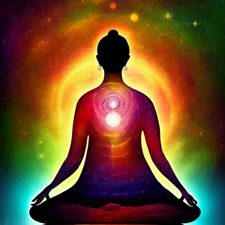Vibrant chakra points on cosmic background in meditation silhouette