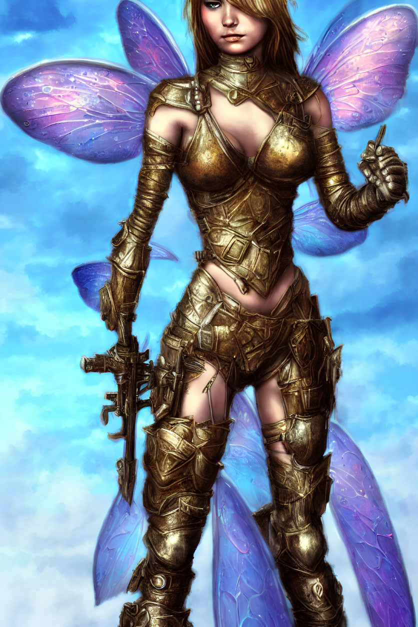 Female warrior with iridescent wings in golden armor and sword against blue sky