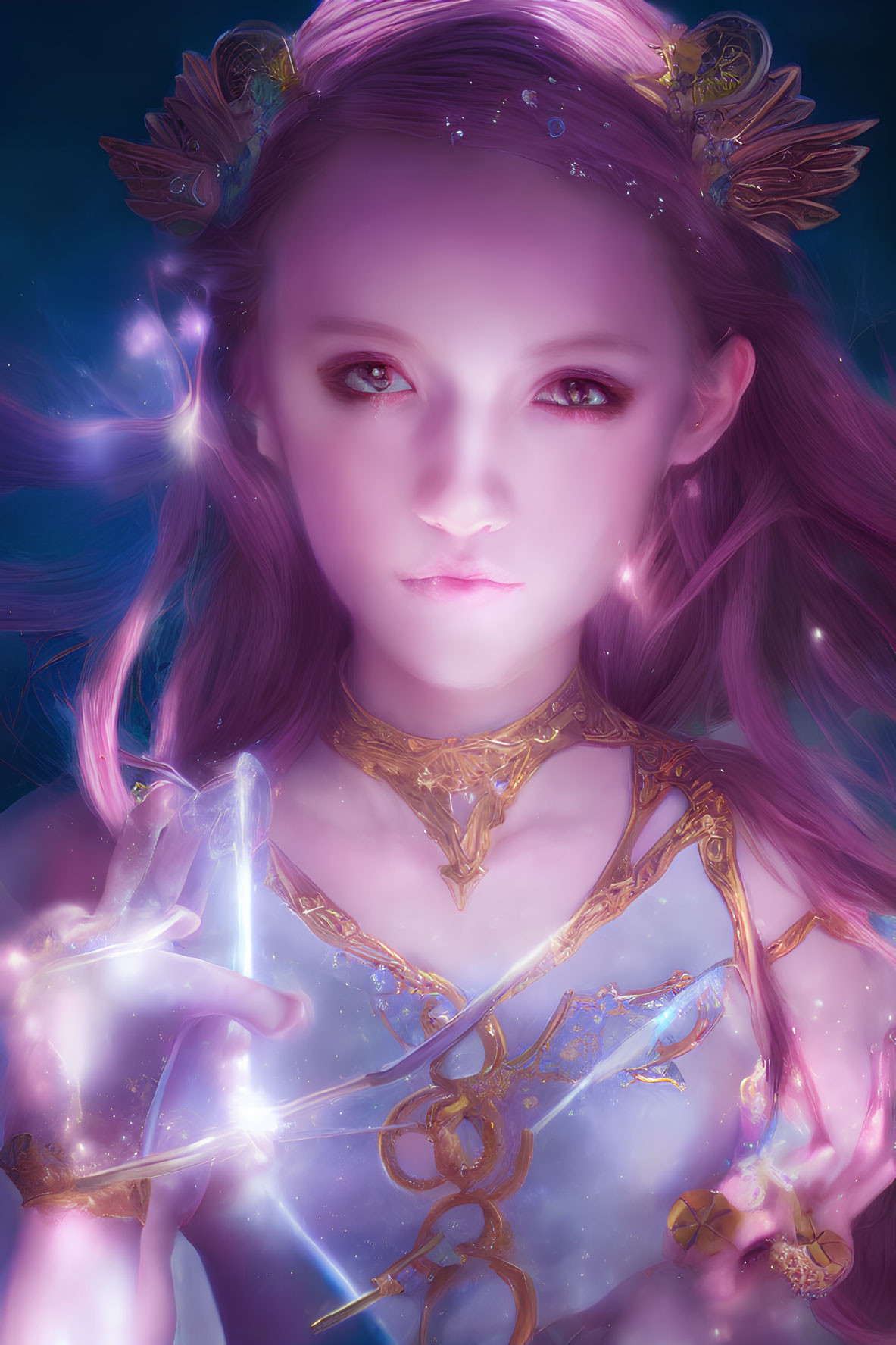 Fantasy digital artwork of female figure with pink hair and celestial attire