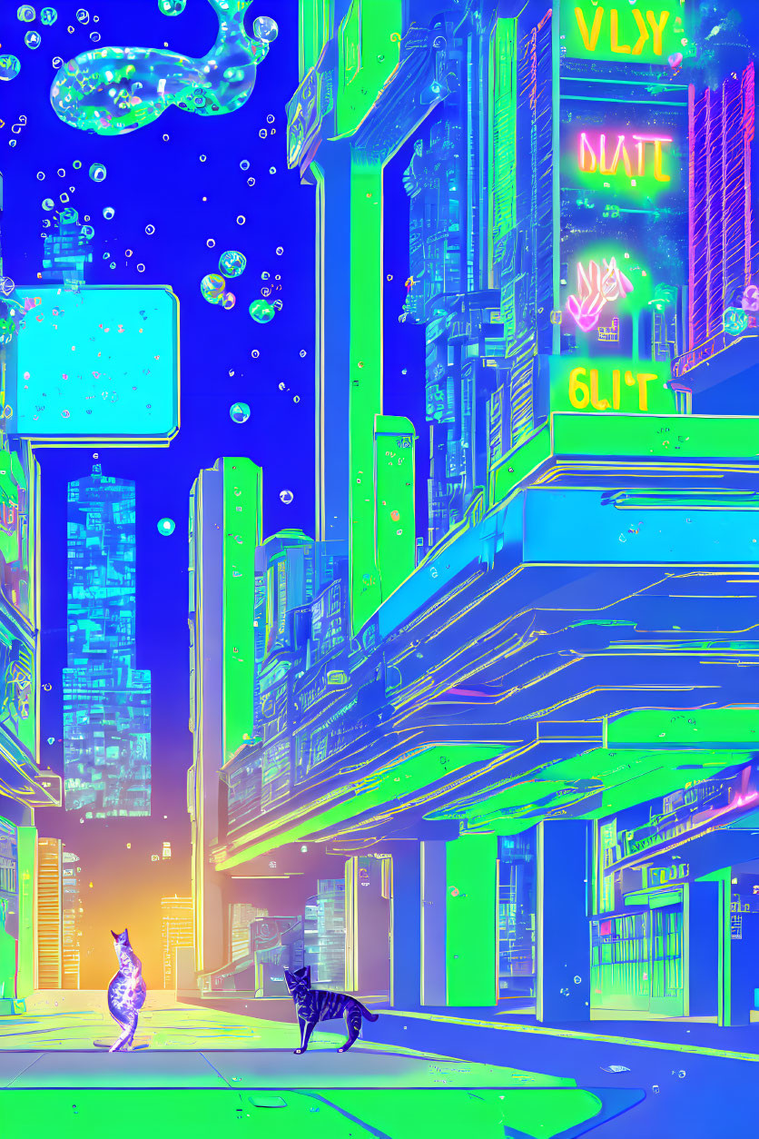 Vibrant neon-lit cyberpunk cityscape with skyscrapers and cat on bench