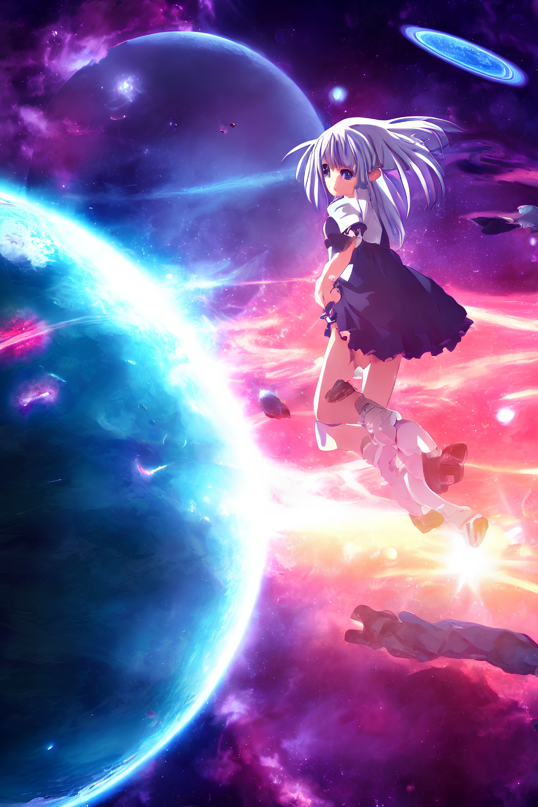 Silver-haired anime-style girl floating in space with vibrant planets and stars.