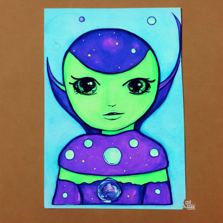 Colorful Stylized Character with Purple Skin and Bubble Details on Blue Background