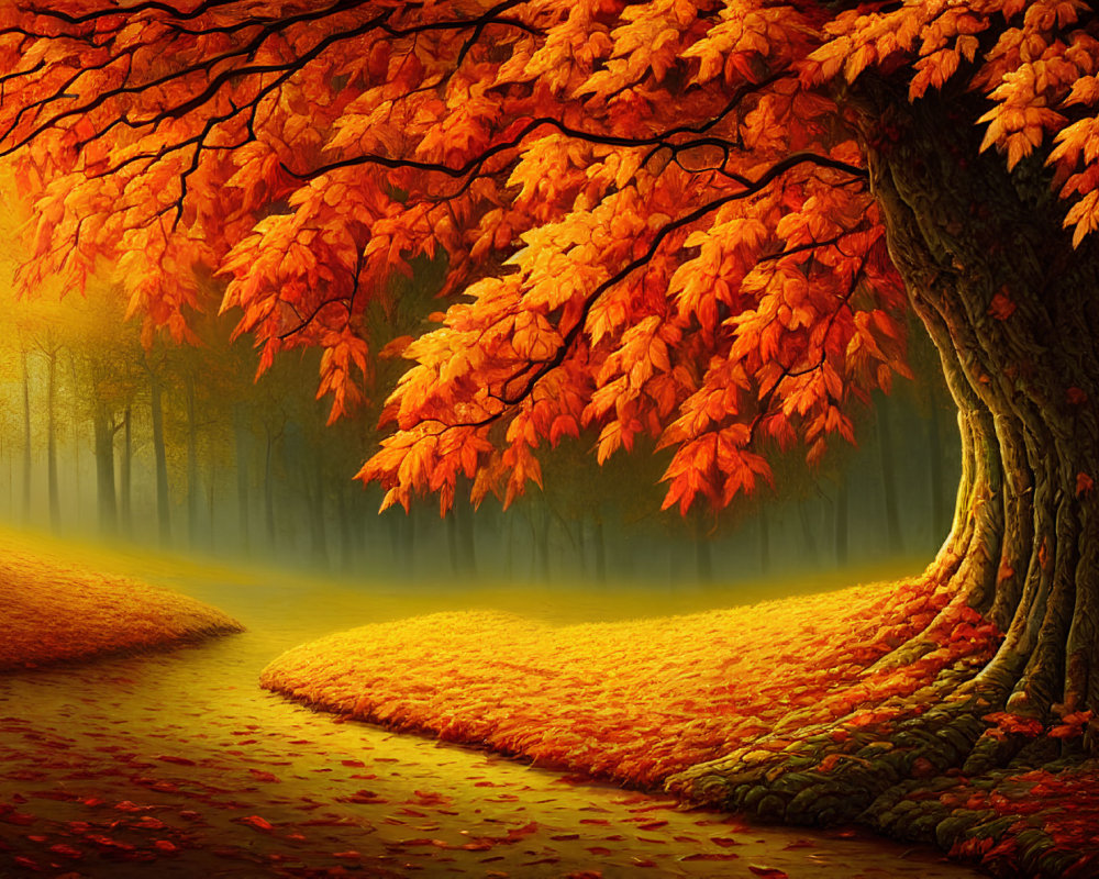 Tranquil autumn landscape with orange leaves on tree and misty forest path
