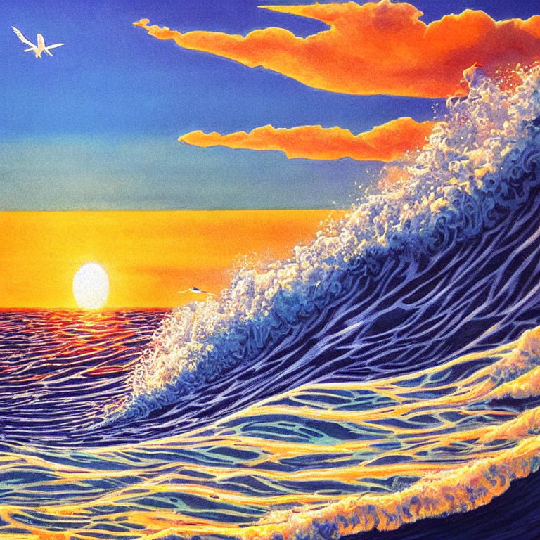 Scenic painting of large wave under sunset sky