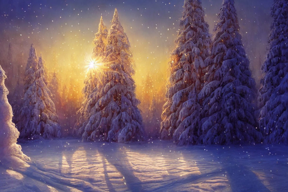 Tranquil snow-covered pine trees at sunset in a serene forest landscape