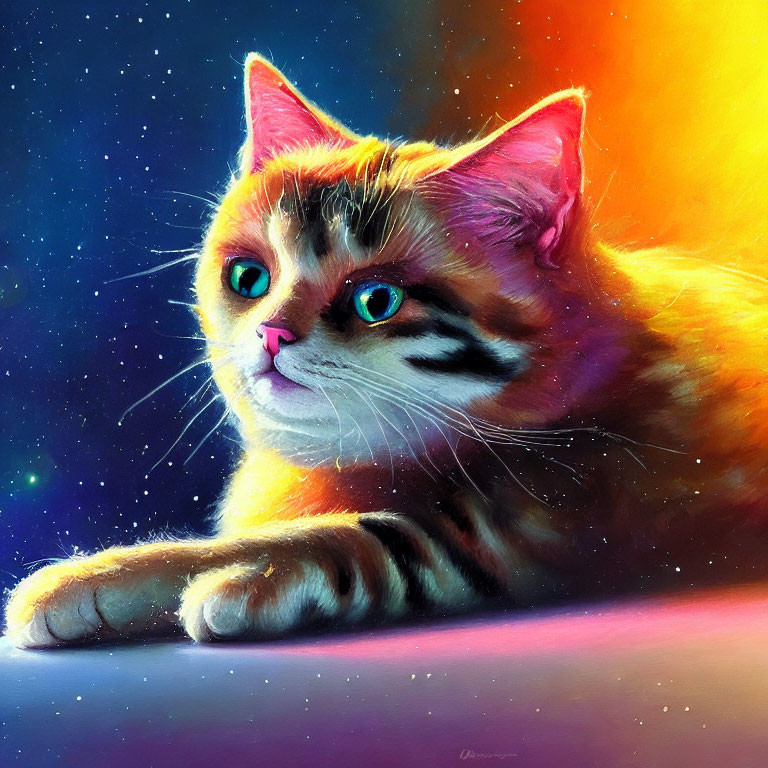 Colorful Cosmic Background with Orange Tabby Cat and Blue Eyes