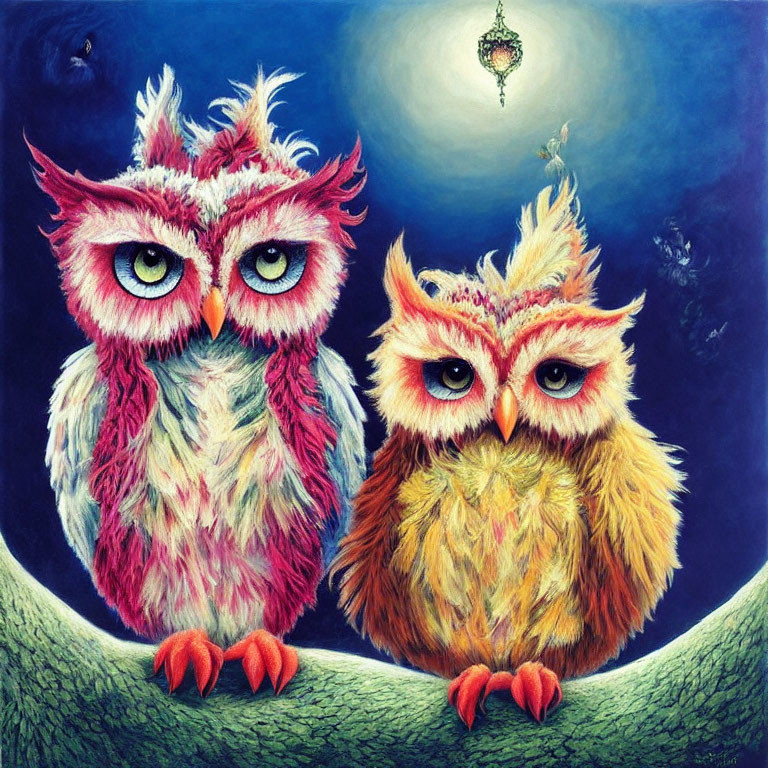 Colorful Cartoon Owls Perched on Branch Under Moonlit Sky