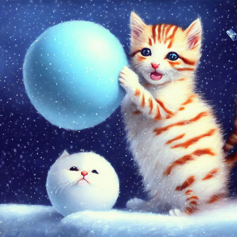 Two kittens in snow with blue sphere and falling snowflakes
