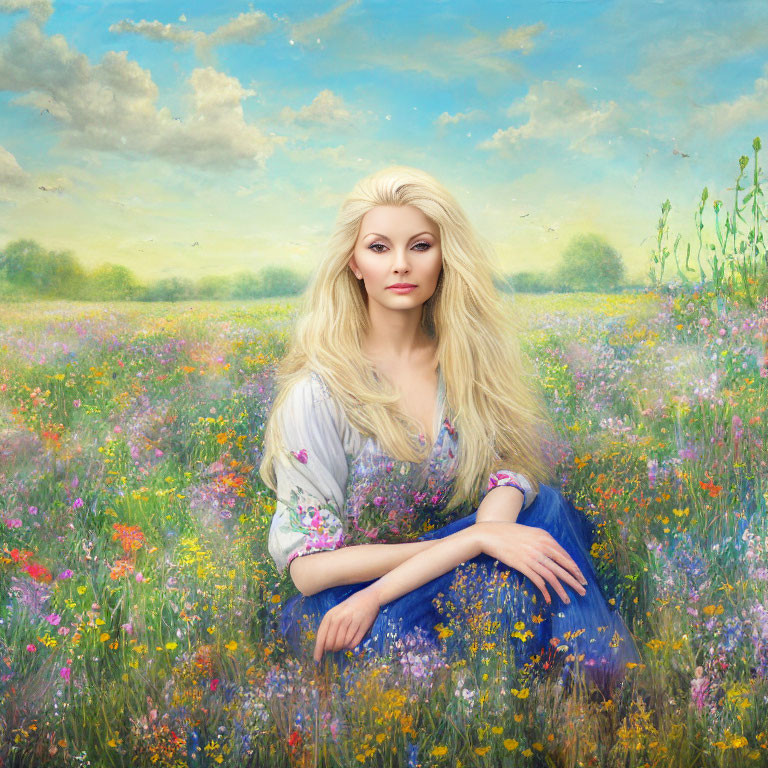 Blond woman in colorful meadow under blue sky