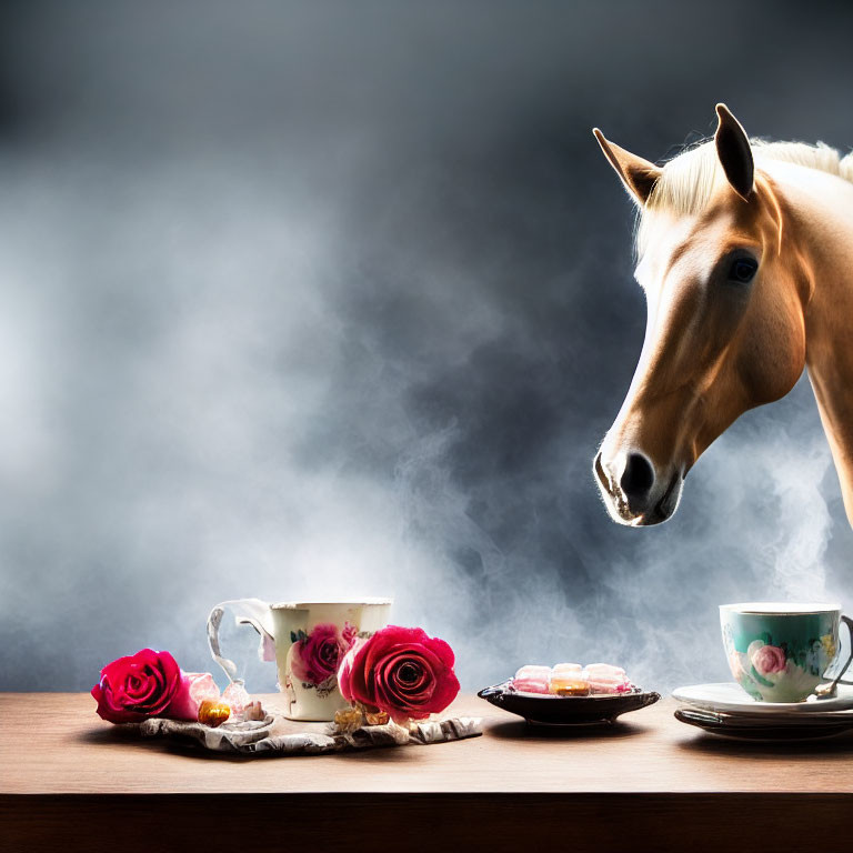 Curious horse with teacups, roses, and macarons on table in misty setting