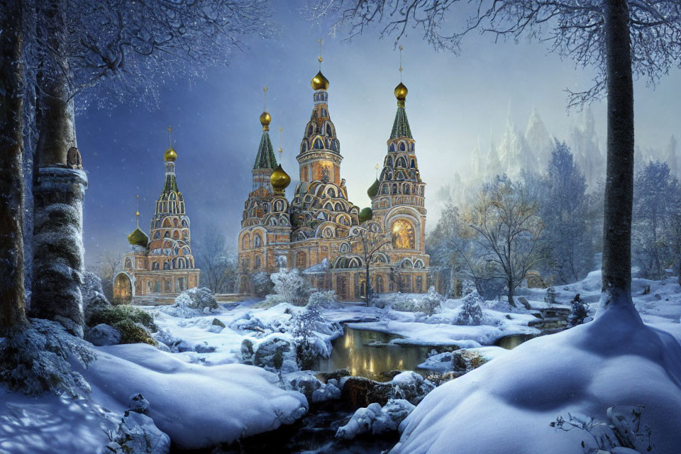 Snow-covered landscape with ornate cathedral and colorful onion domes