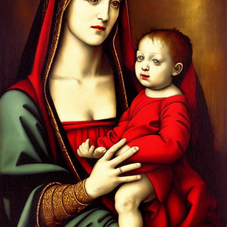 Classical style painting of woman in red head covering holding baby in red outfit