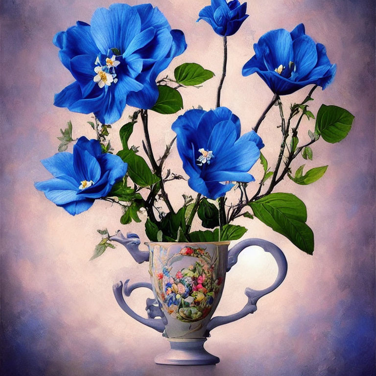 Blue Flowers in Teacup on Purple Background with Green Leaves