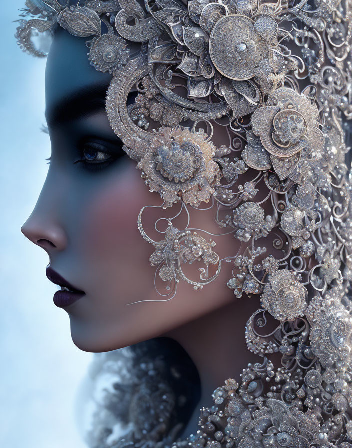 Elaborate Silver Filigree Headdress on Woman Portrait