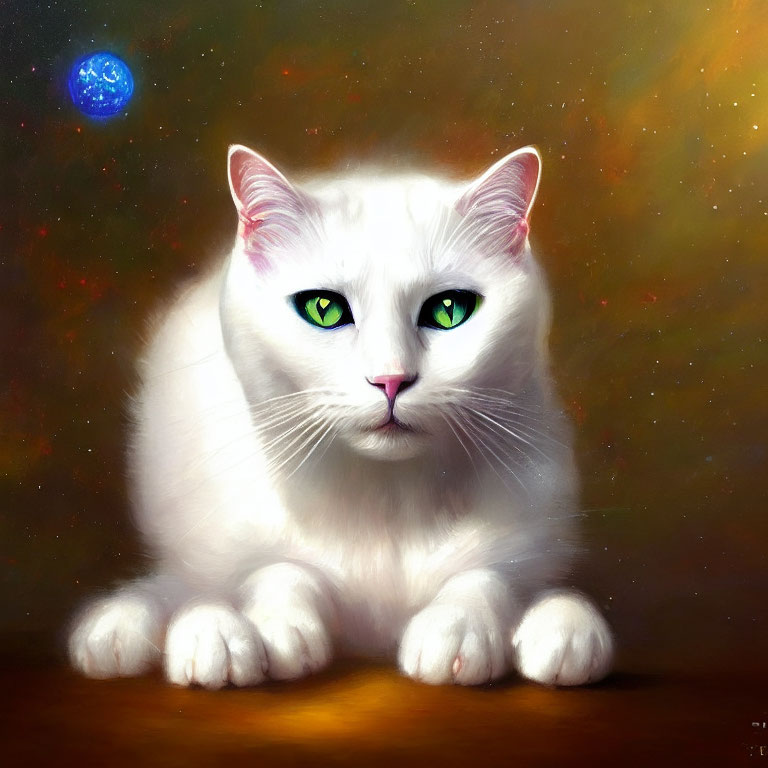 White Cat with Green Eyes Resting on Celestial Background