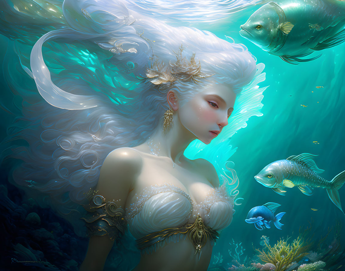 Ethereal underwater scene with fantastical female figure and fish