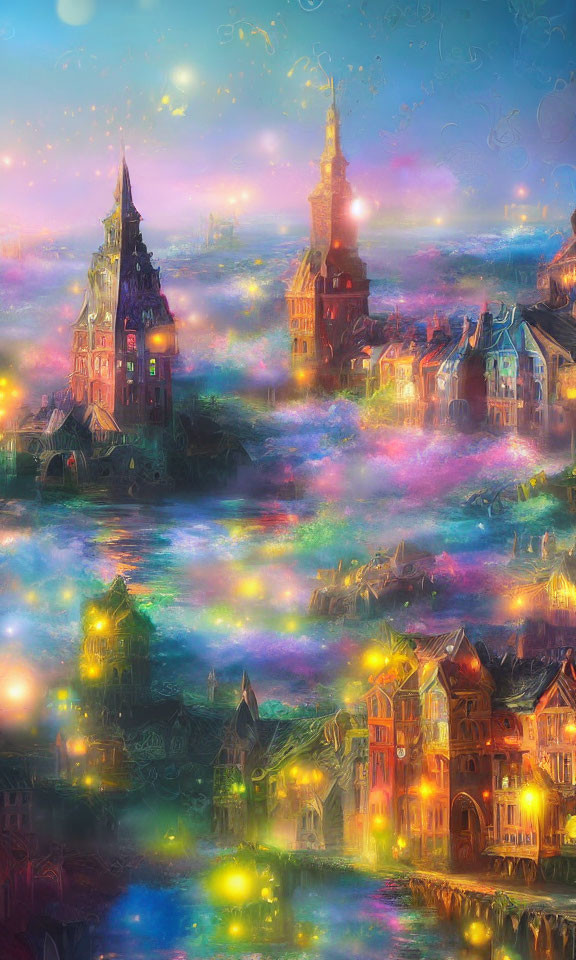 Colorful Illuminated Fantasy Cityscape Painting with Swirling Skies